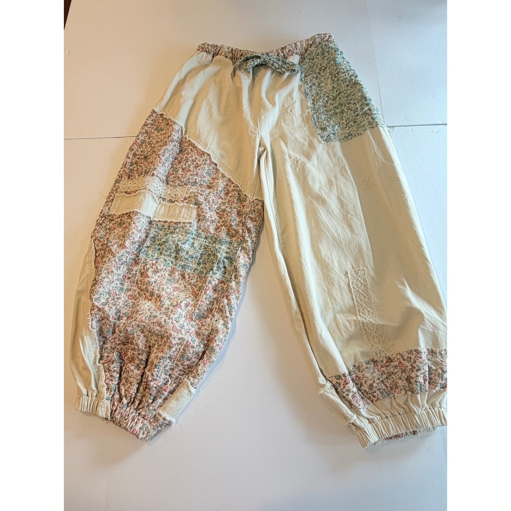 POL Flower Patch Pants Floral Lace Patchwork Boho Cream Pink Sage Large NWT